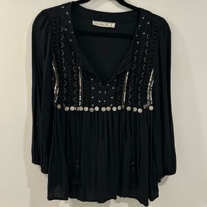 Abercrombie & Fitch Blouse Womens Small Black Boho Embroidered Peasant Top